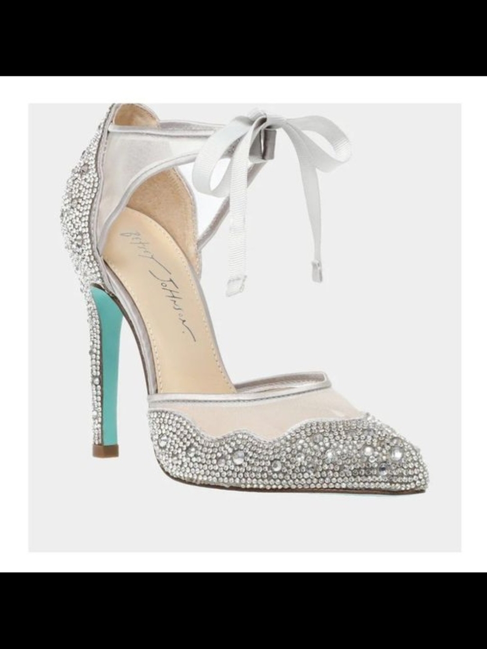 Blue by Betsey Johnson Silver Rhinestone Ribbon Tie Stilletto Heels Wedding Shoe